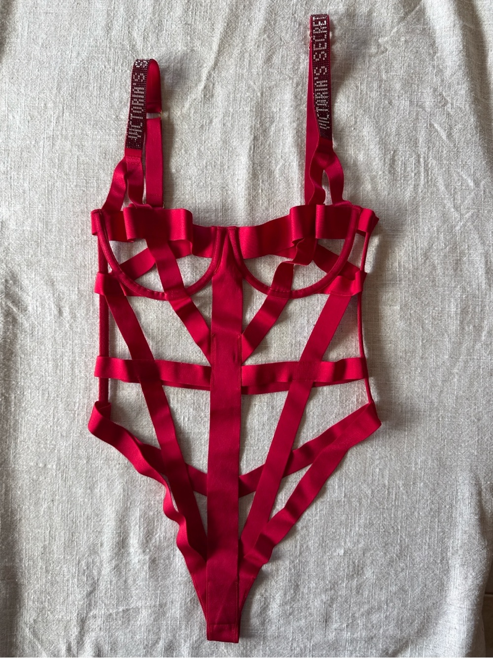 Victoria’s Secret Berry Red Strappy Shine Teddy Bodysuit Large NWOT